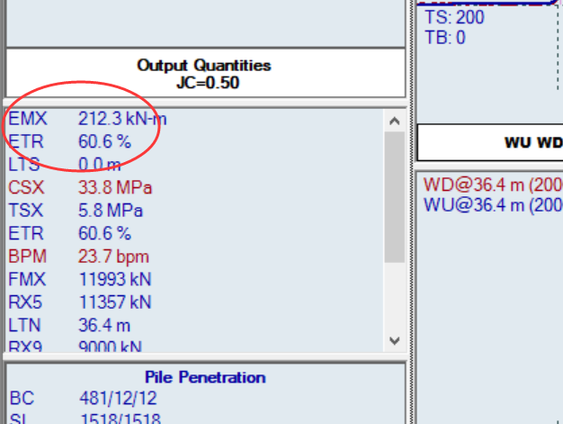 桩身中的能量EMX以及锤的现实效能ETR